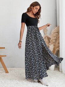 SHEIN VCAY 碎花高衩繫腰帶連衣裙 - 彩色 - 查看 4