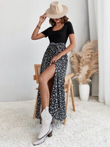 SHEIN VCAY 碎花高衩繫腰帶連衣裙 - 彩色 - 查看 5