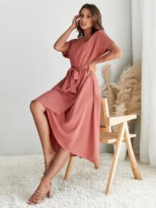 SHEIN Clasi Vestido línea A unicolor con cinturón - Óxido marrón - Ver 3
