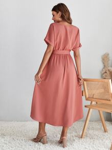 SHEIN Clasi Vestido línea A unicolor con cinturón - Óxido marrón - Ver 2