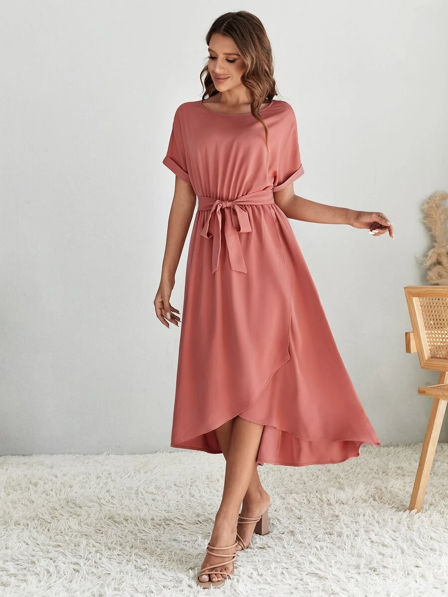 SHEIN Clasi Vestido línea A unicolor con cinturón - Óxido marrón - Ver 1