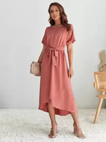 SHEIN Clasi Vestido línea A unicolor con cinturón - Óxido marrón - Ver 5