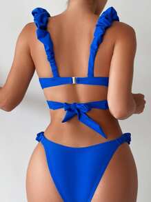 Ruched Tie Shoulder Summer Beach Bikini Set - Royal Blue - View 2