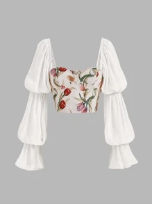 SHEIN MOD 印花荷葉袖雞心領口襯衫 - 白色 - 查看 1