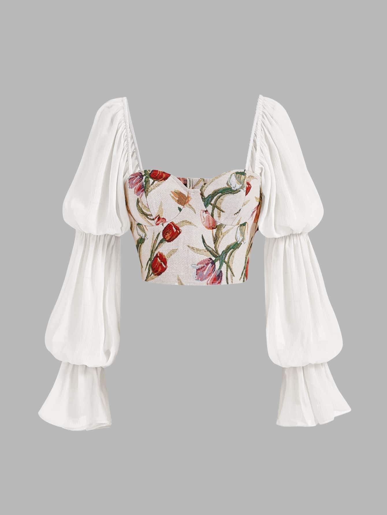 SHEIN MOD 印花荷葉袖雞心領口襯衫 - 白色 - 查看 1