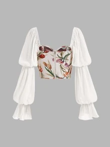 SHEIN MOD 印花荷葉袖雞心領口襯衫 - 白色 - 查看 2