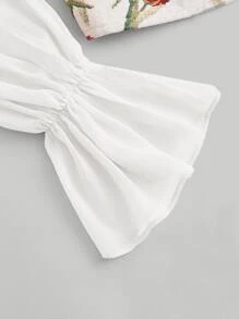 SHEIN MOD 印花荷葉袖雞心領口襯衫 - 白色 - 查看 3