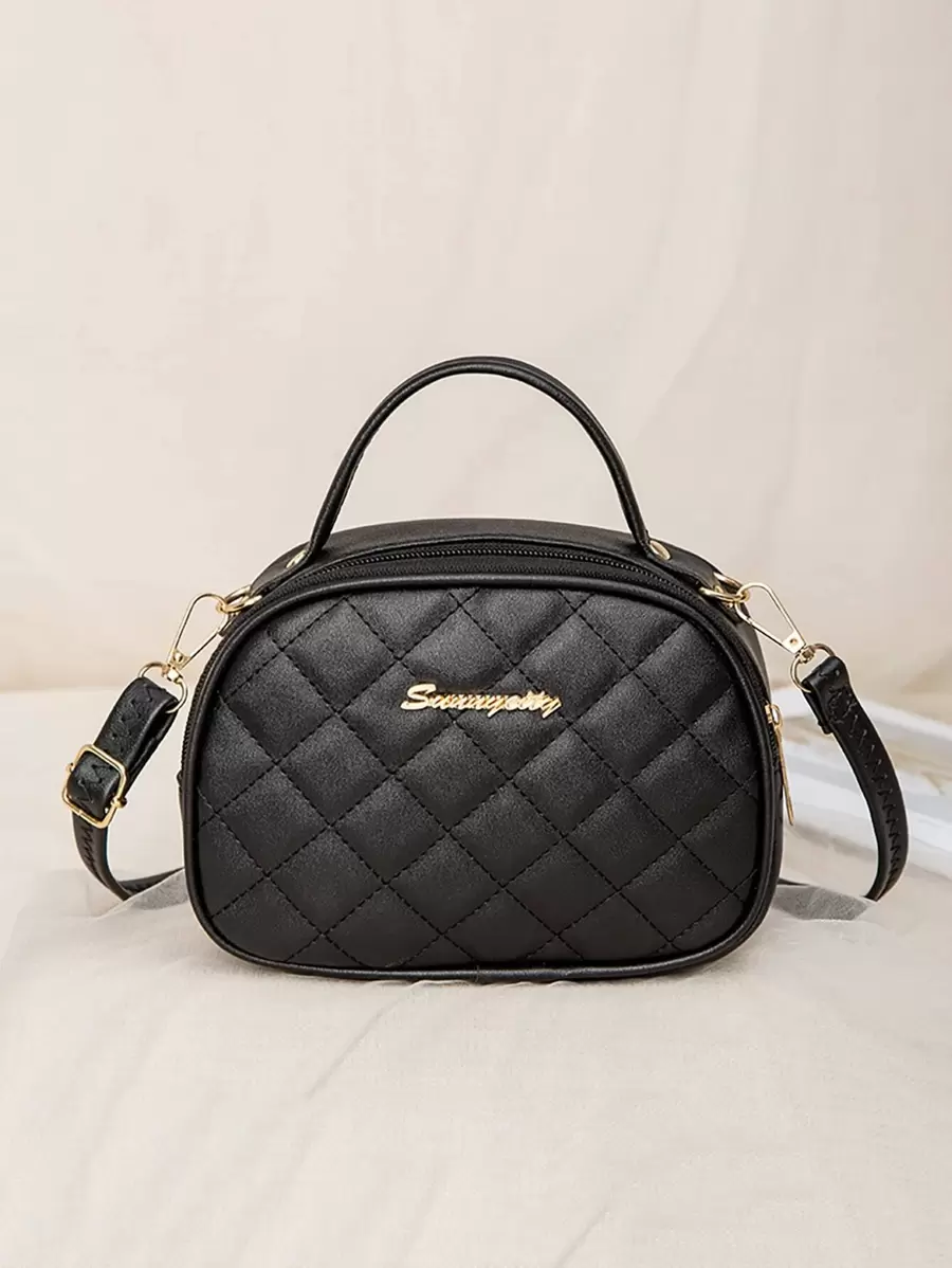 迷你印花拼接格紋方形袋,商務/通勤/工作/辦公室手提袋 - 黑色 - 查看 1