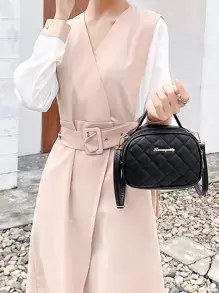 迷你印花拼接格紋方形袋,商務/通勤/工作/辦公室手提袋 - 黑色 - 查看 2