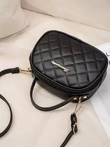 迷你印花拼接格紋方形袋,商務/通勤/工作/辦公室手提袋 - 黑色 - 查看 3