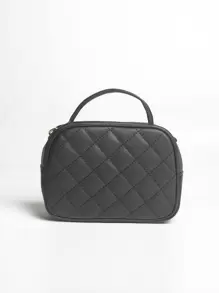 迷你印花拼接格紋方形袋,商務/通勤/工作/辦公室手提袋 - 黑色 - 查看 4