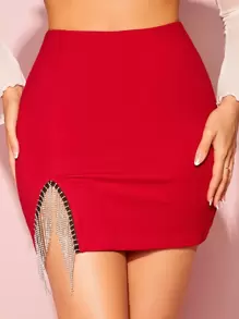 SHEIN BAE Falda ajustada con diamante de imitación ribete con fleco - Rojo - Ver 1
