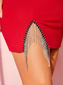 SHEIN BAE Falda ajustada con diamante de imitación ribete con fleco - Rojo - Ver 4