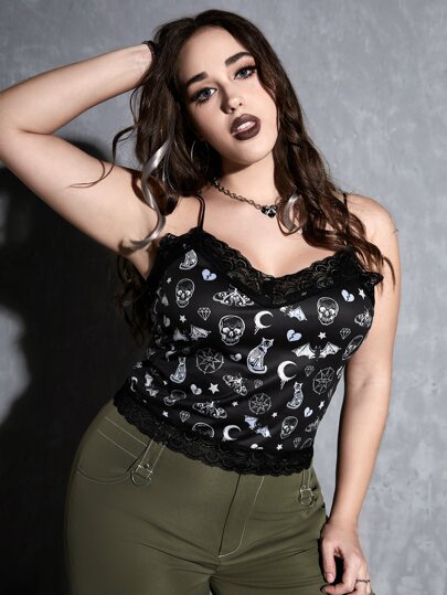 Goth Top de tirantes luna & estampado de cráneo ribete con encaje