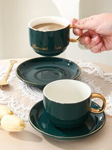 新款時尚帶手柄陶瓷咖啡杯和碟子套裝,1杯1碟 - 彩色 - 查看 3
