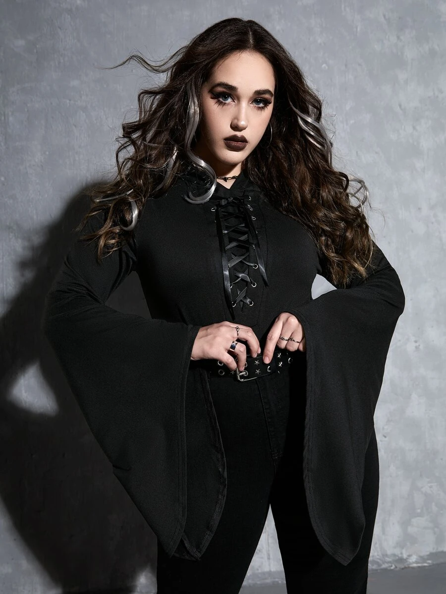 ROMWE Goth 大碼扣眼前繫帶連體衣 - 黑色 - 查看 1