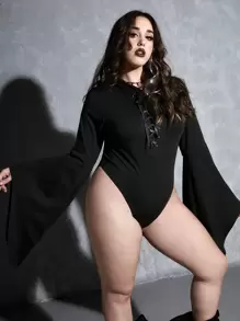 ROMWE Goth 大碼扣眼前繫帶連體衣 - 黑色 - 查看 5