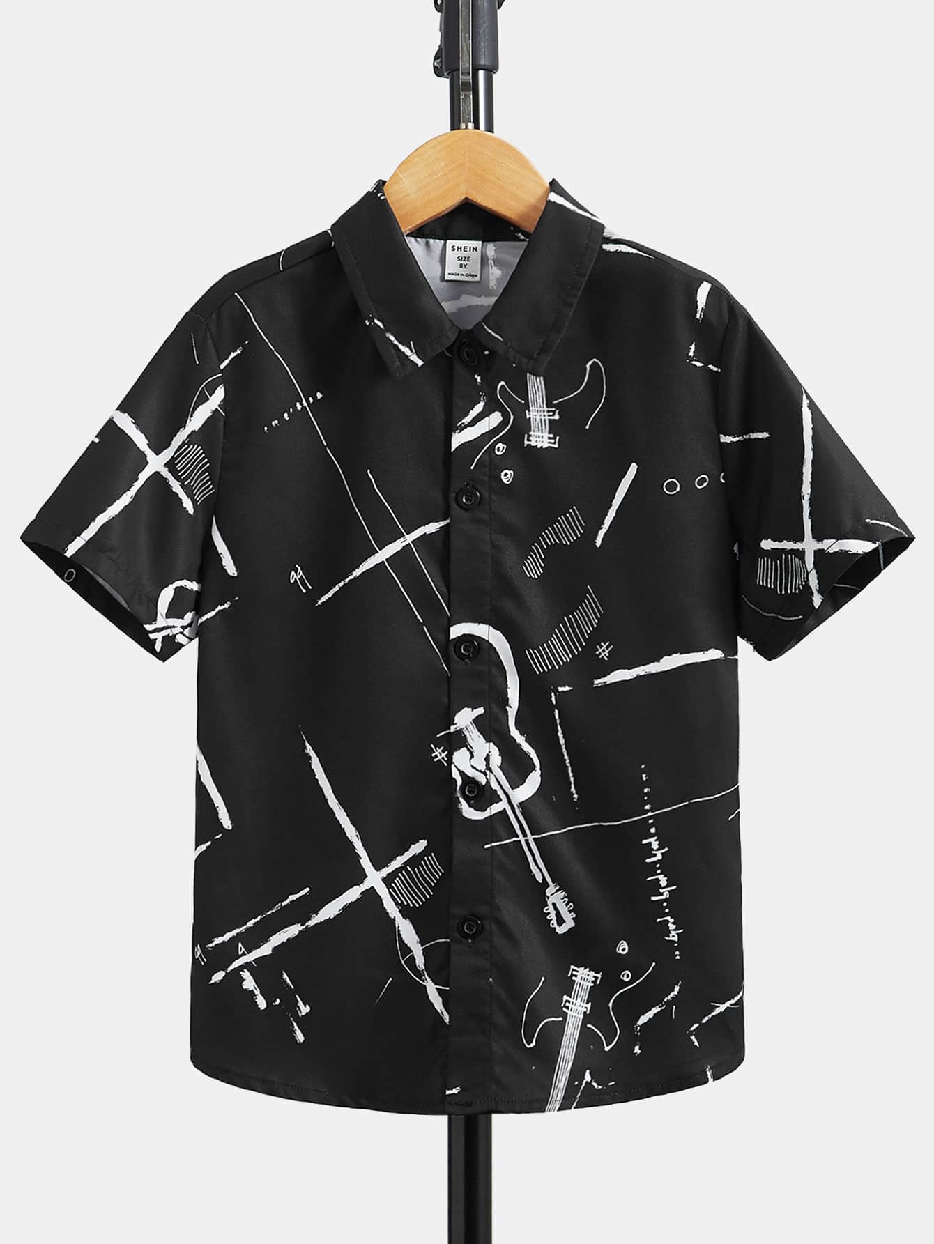 SHEIN 男孩圖案印花襯衫 - 黑色 - 查看 1