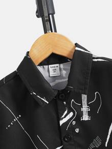 SHEIN 男孩圖案印花襯衫 - 黑色 - 查看 3