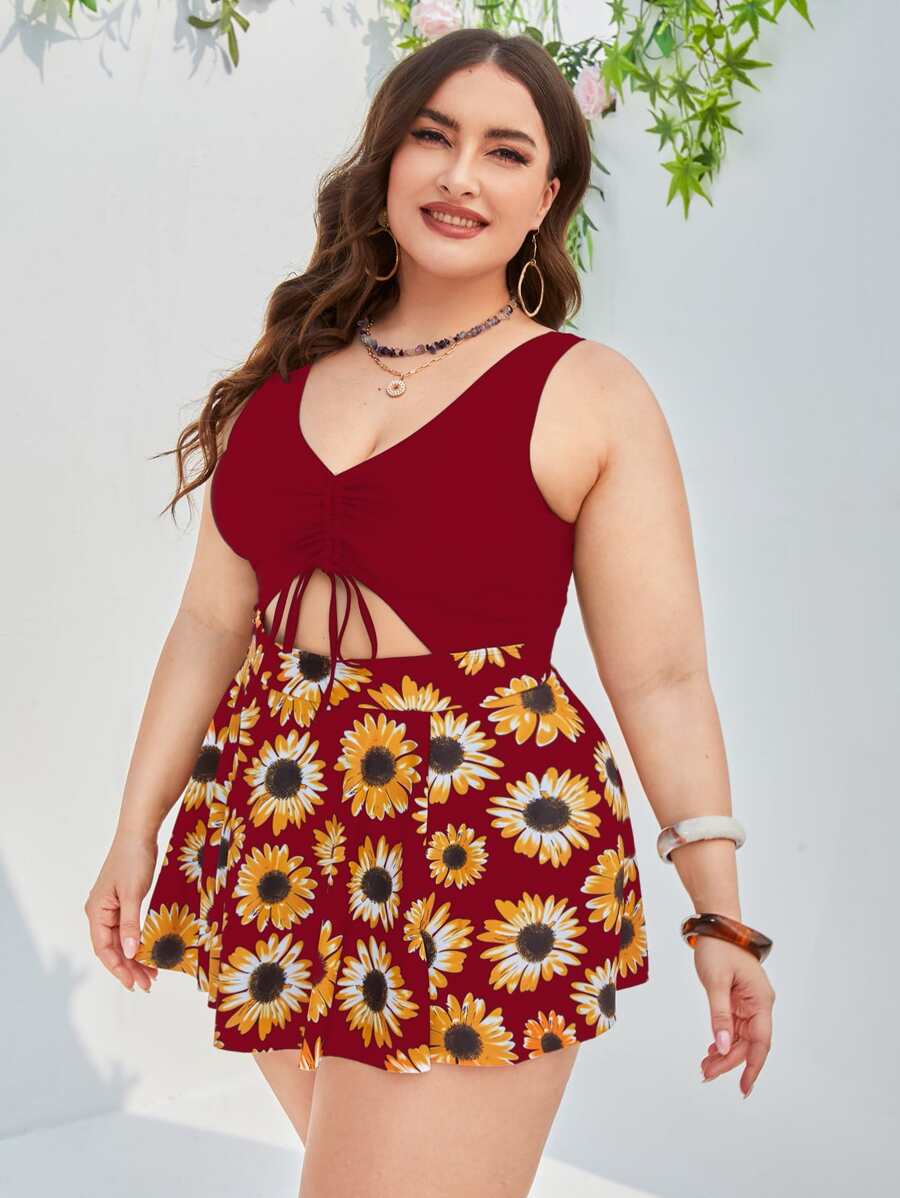 大碼花朵印花鏤空泳衣連衣裙附比基尼下裝 - 紅色 - 查看 1