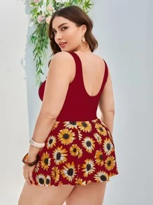 大碼花朵印花鏤空泳衣連衣裙附比基尼下裝 - 紅色 - 查看 2