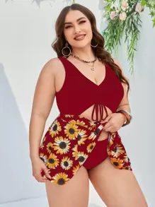 大碼花朵印花鏤空泳衣連衣裙附比基尼下裝 - 紅色 - 查看 3