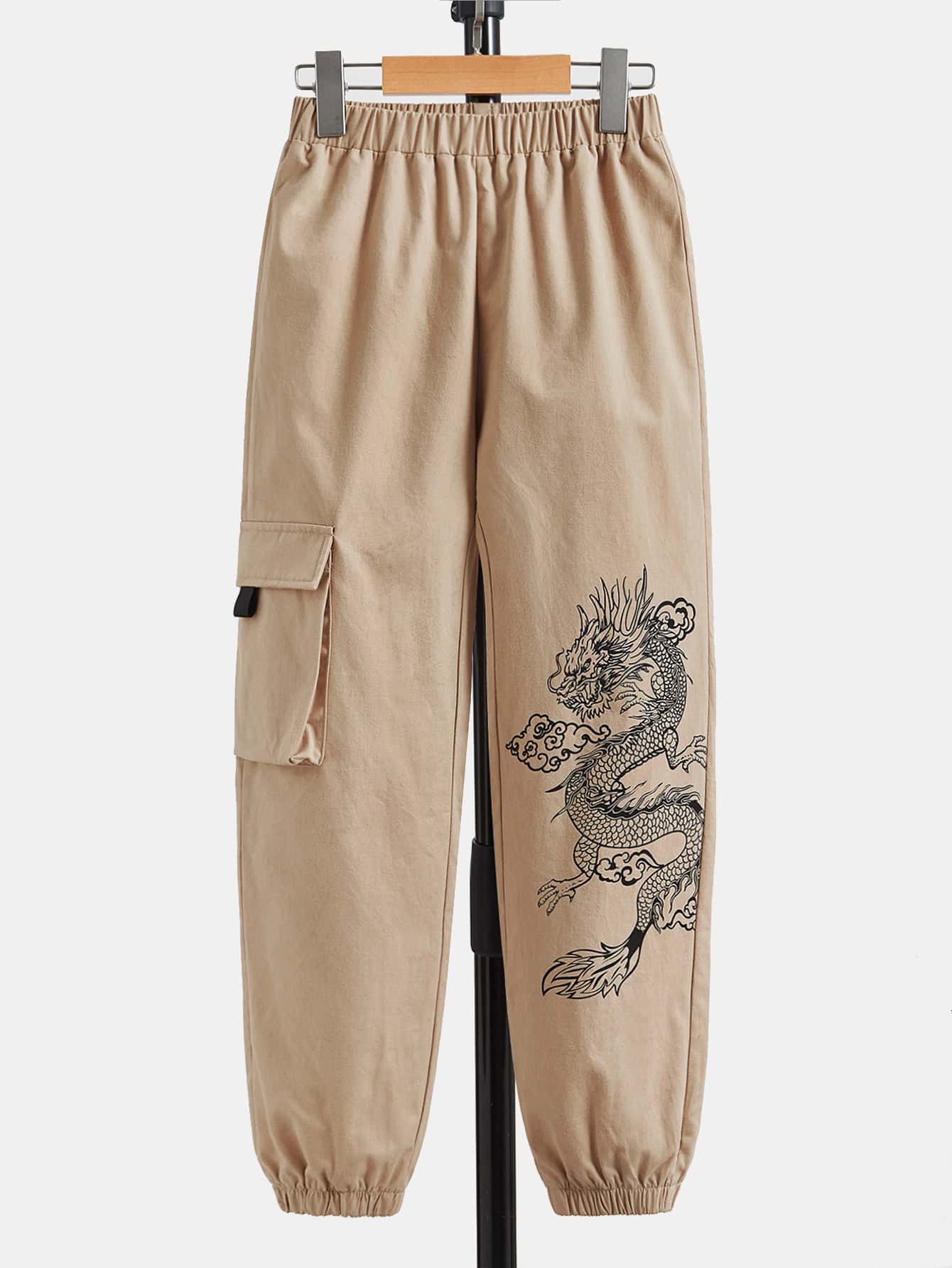 SHEIN 男孩龍圖案翻蓋口袋工裝褲