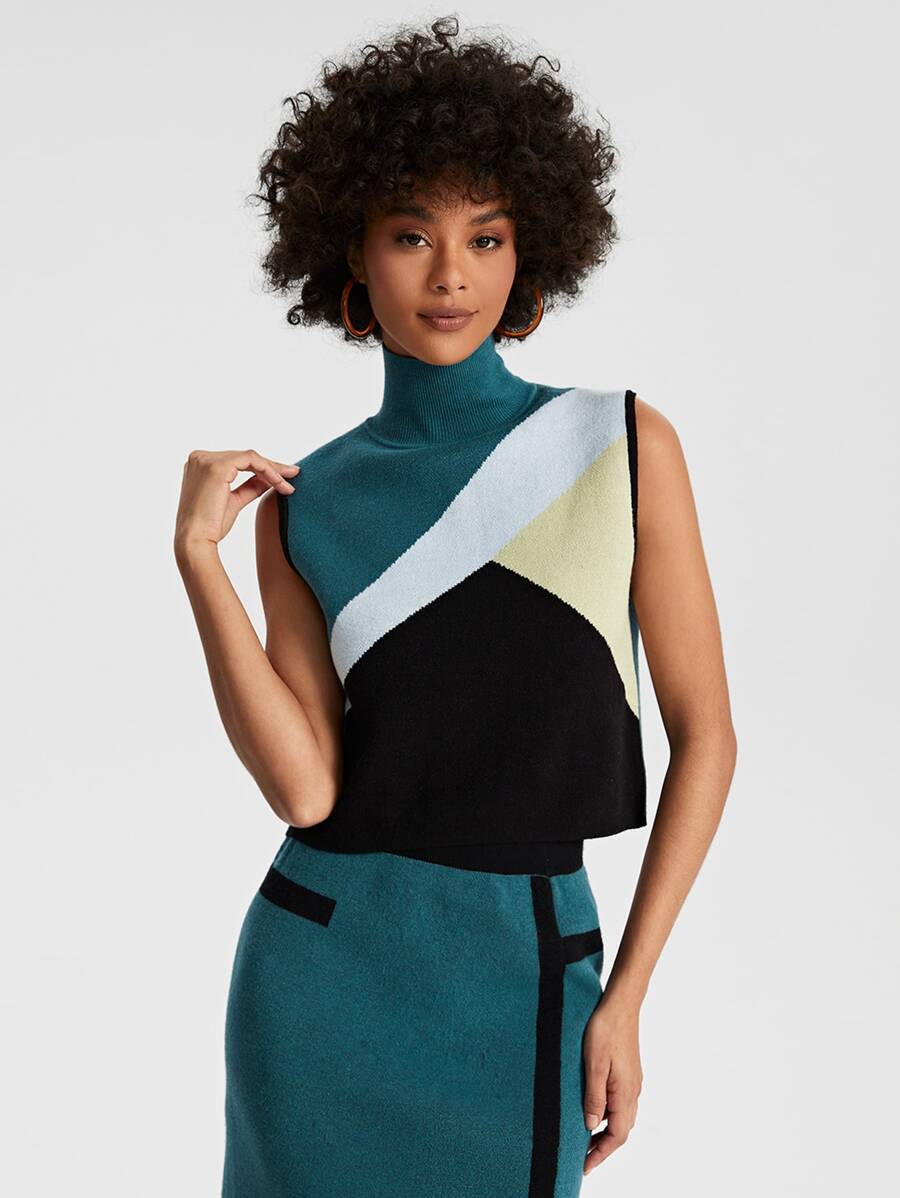 R2KHOUSE High Neck Colourblock Knit Top - Multicolor - View 1