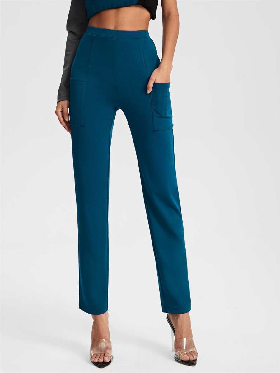 R2KHOUSE High Waist Dual Pocket Trousers - Teal Blue - View 1