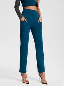 R2KHOUSE High Waist Dual Pocket Trousers - Teal Blue - View 4