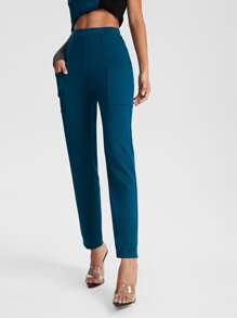 R2KHOUSE High Waist Dual Pocket Trousers - Teal Blue - View 5