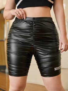 SHEIN Coolane 大碼字母圖案褶邊PU皮革騎行褲