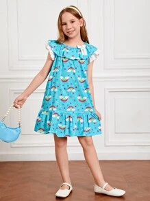 Nency Escamilla Girls Rainbow & Geo Print Ruffle Trim Smock Dress - Multicolor - View 2