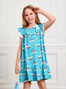 Nency Escamilla Girls Rainbow & Geo Print Ruffle Trim Smock Dress - Multicolor - View 4