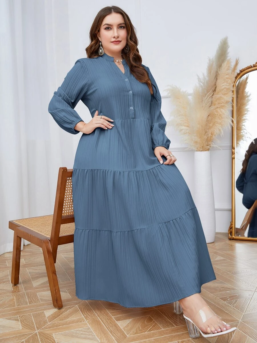 Mulvari Plus Notched Neckline Ruffle Hem Smock Dress - Blue - View 1