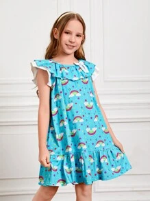 Nency Escamilla Girls Rainbow & Geo Print Ruffle Trim Smock Dress - Multicolor - View 1