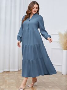 Mulvari Plus Notched Neckline Ruffle Hem Smock Dress - Blue - View 3