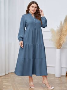 Mulvari Plus Notched Neckline Ruffle Hem Smock Dress - Blue - View 4