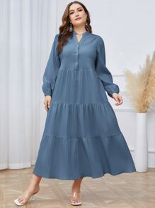 Mulvari Plus Notched Neckline Ruffle Hem Smock Dress - Blue - View 7