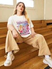SHEIN EZwear Plus Drop Shoulder Letter & Figure Graphic Tee - White - View 4