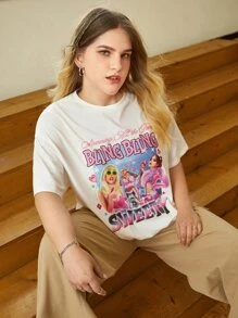 SHEIN EZwear Plus Drop Shoulder Letter & Figure Graphic Tee - White - View 6