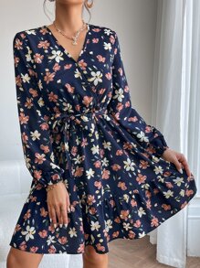 SHEIN PETITE Allover Floral Print Ruffle Hem Belted Dress - Navy Blue - View 3