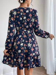 SHEIN PETITE Allover Floral Print Ruffle Hem Belted Dress - Navy Blue - View 2