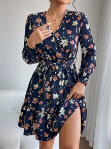 SHEIN PETITE Allover Floral Print Ruffle Hem Belted Dress - Navy Blue - View 4