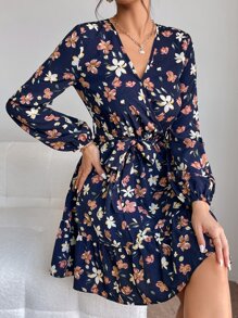 SHEIN PETITE Allover Floral Print Ruffle Hem Belted Dress - Navy Blue - View 1