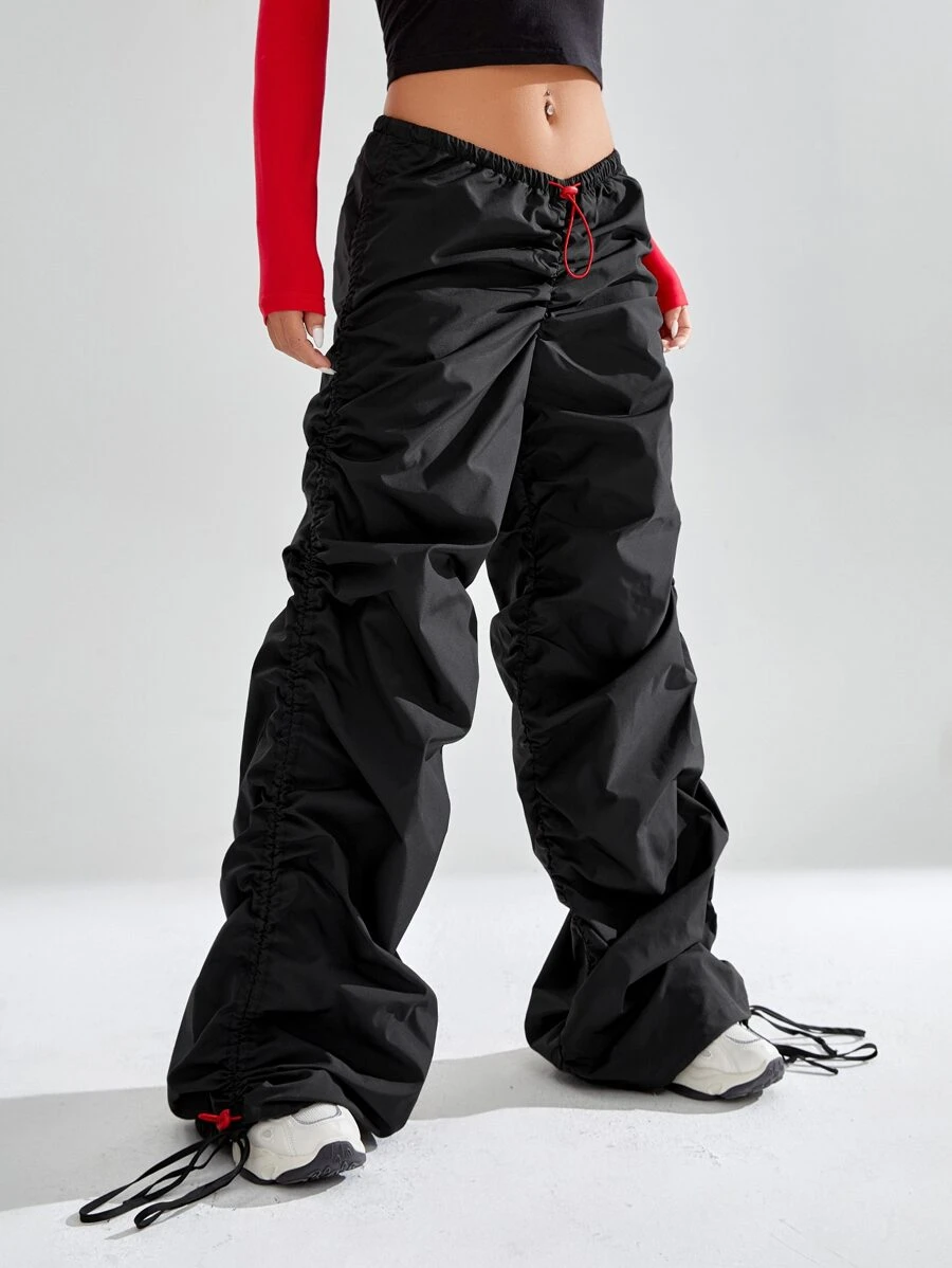 SHEIN ICON 低腰腰部抽繩褶皺降落傘褲 - 黑色 - 查看 1