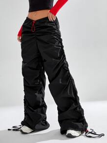 SHEIN ICON 低腰腰部抽繩褶皺降落傘褲 - 黑色 - 查看 4