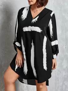 SHEIN LUNE 大碼筆刷圖案捲邊袖連衣裙不附腰帶