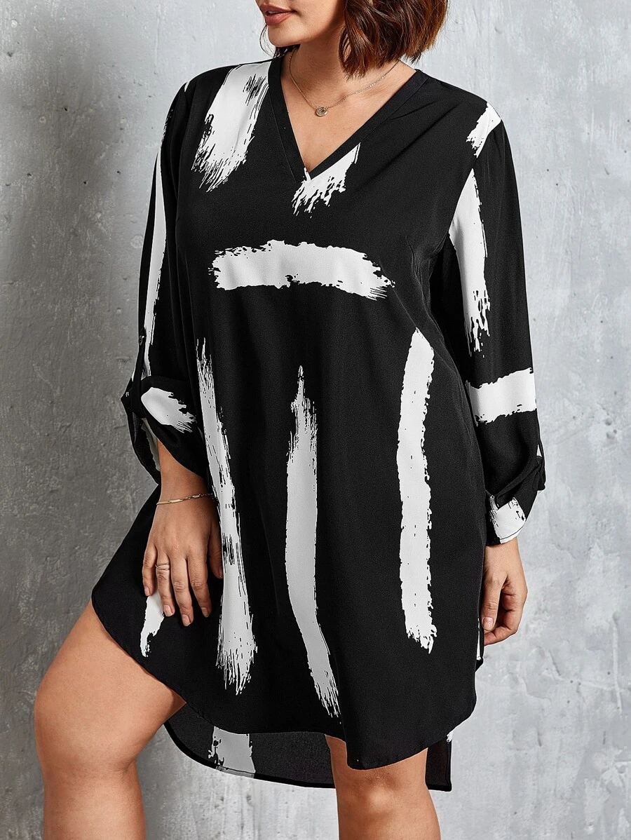 SHEIN LUNE 大碼筆刷圖案捲邊袖連衣裙不附腰帶