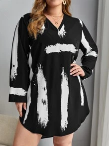 SHEIN LUNE 大碼筆刷圖案捲邊袖連衣裙不附腰帶